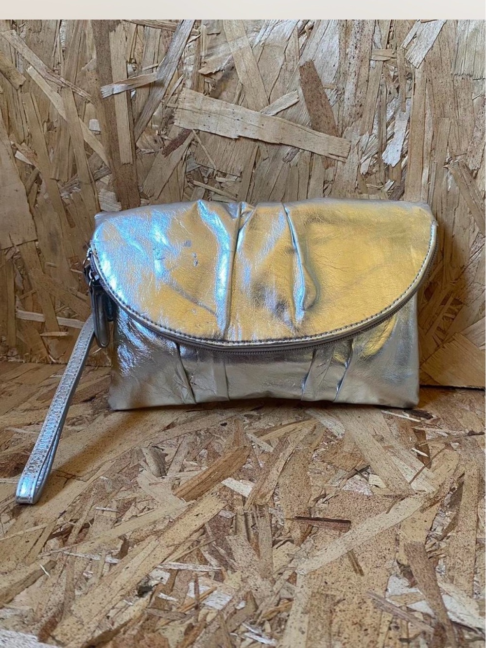 Metallic Silver Fold-Over Wristlet Clutch